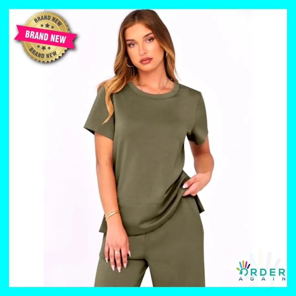 Two Piece Lounge Set Loose Fit Wide Leg Tracksuit Summer Travel Casual Outfit